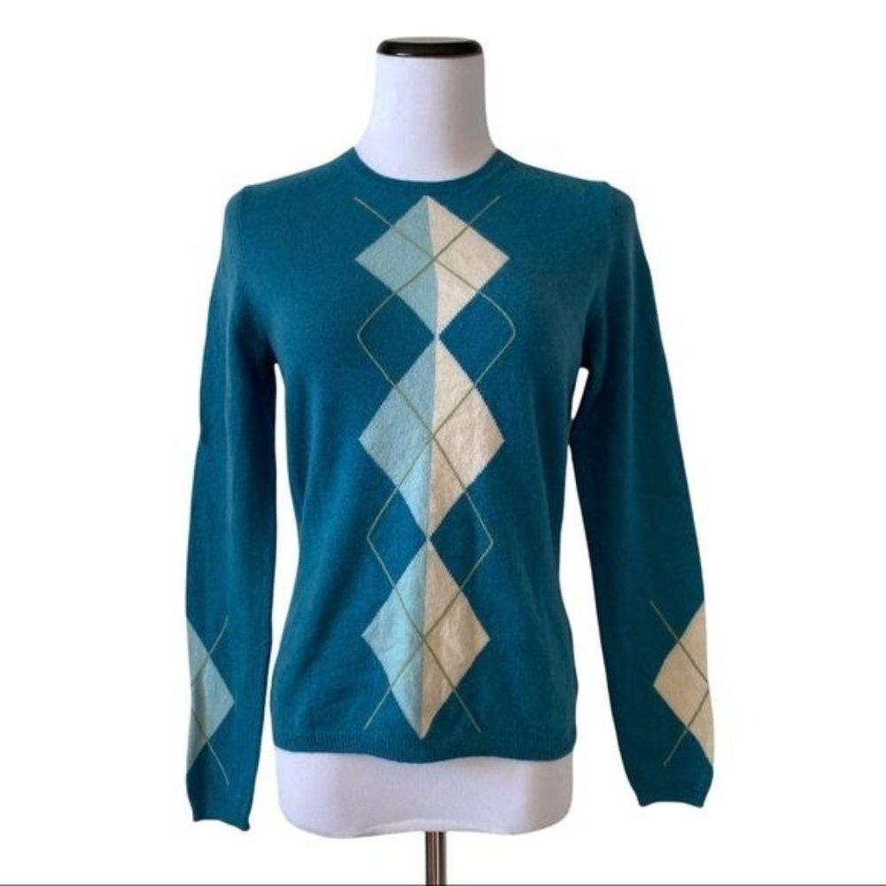 CHARTER CLUB Sz S 2 Ply 100% Cashmere Teal Green Argyle Print Sweater
